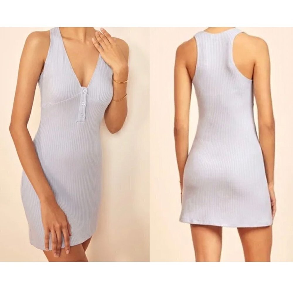 REFORMATION Paso Knit Mini Dress Sleeveless V-Neck in Sky Size Medium NWT